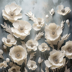 Naklejka na meble White Poppies Photography Backdrop, Blooming Flowers, Floral Background