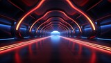 Fototapeta Przestrzenne - Red Blue Tunnel Corridor Hangar Hallway Warehouse Underground Studio Showroom 3D Illustration
