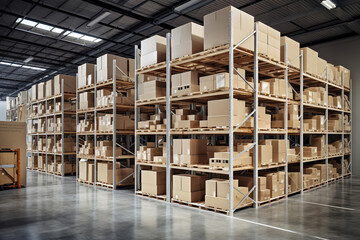 Rows of shelves with boxes in modern warehouse