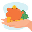 Hand with coins and a pig bank Finance icon Vector