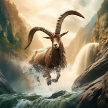 A Ibex Jumping In The Waterfall In A Canyon
