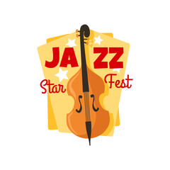 Wall Mural - Jazz music festival, live band concert fest icon for musical performance, vector poster. Violoncello bass retro or vintage cartoon icon with stars for jazz festival or music bar live event