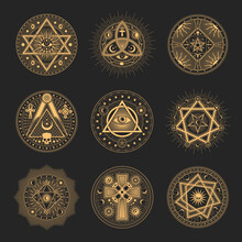 Occult And Esoteric Pentagram Symbols, Mason Signs, Magic Tarot. Masonry Lodge Seals, Occult Tarot Sign Or Esoteric Line Vector Symbols Set With Mason Compass, Pentagram And All Seeing Eye, Cross
