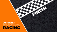 Realistic Race Track Asphalt Finished Line. Vector Background Or Banner For Racing Competition Or Tournament With Black And White Checkered Marking And Lines On Textured Asphalted Road Coating