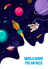 Wall Mural - space travel poster. rocket spaceship launch, kid astronaut in outer space, ufo and galaxy planets. 