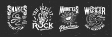 Viper, Dragon And Skeleton Hand For Tattoo, T-shirt Print, Sport Club Mascot, Vector Emblems. T Shirt Prints With Snake Or Dragon Monster For Rock Music Or Sport With Slogans On Grunge Black