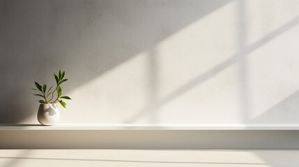 Wall Mural - Shadow and light from windows room light gray loft  wall background with plant pot mockup for product presentation.