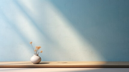 Wall Mural - Shadow and light from windows room light blue wall background with flower pot mockup for product presentation.