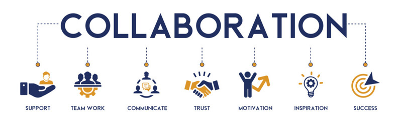 Collaboration banner website icons vector illustration concept of teamwork and working together with an icons of support, teamwork, communication, trust, motivate, inspiration on white background
