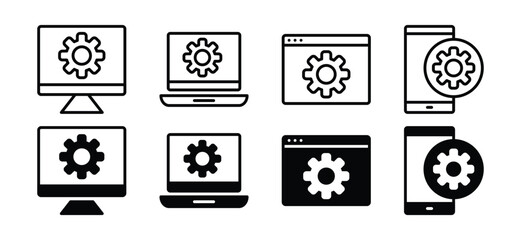 Wall Mural - optimization icon. gear on devices. sync process, option, control panel, settings icon symbol in lin