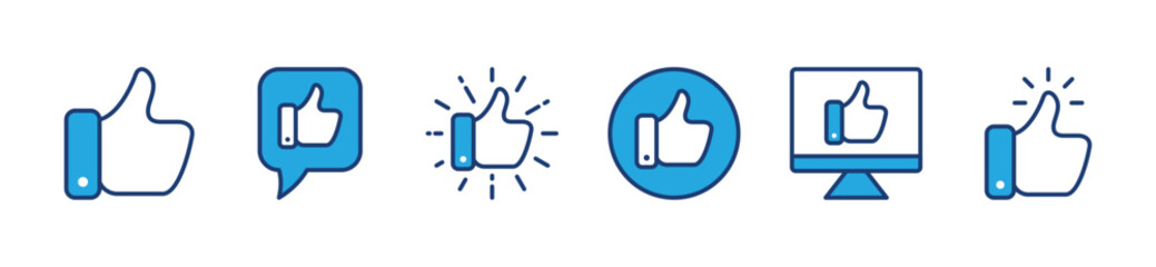 Thumbs up icon buttons set. Like sign. Good, ok, yes, choice, best, gesture, positive comments, social media icons symbol in colours style. Vector illustration