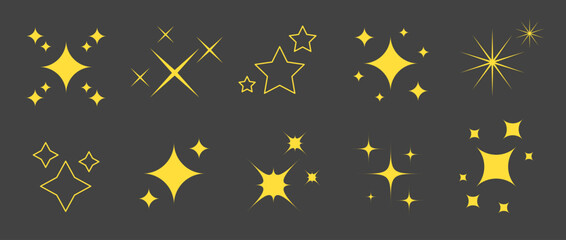 Wall Mural - Gold sparkles and stars set. Yellow twinkles and sparks collection. Christmas and New Year decoration elements pack. Vector illustration bundle 