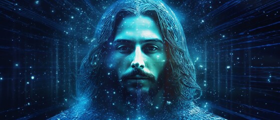 Canvas Print - Abstract image of Jesus Christ, blue, futuristic background, Generative ai
