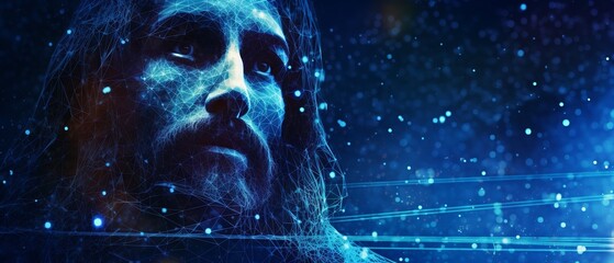 Poster - Abstract image of Jesus Christ, blue, futuristic background, Generative ai