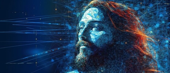 Canvas Print - Abstract image of Jesus Christ, blue, futuristic background, Generative ai