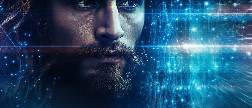 Abstract image of Jesus Christ, blue, futuristic background, Generative ai