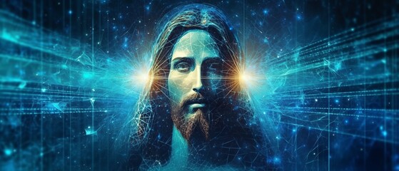 Wall Mural - Abstract image of Jesus Christ, blue, futuristic background, Generative ai