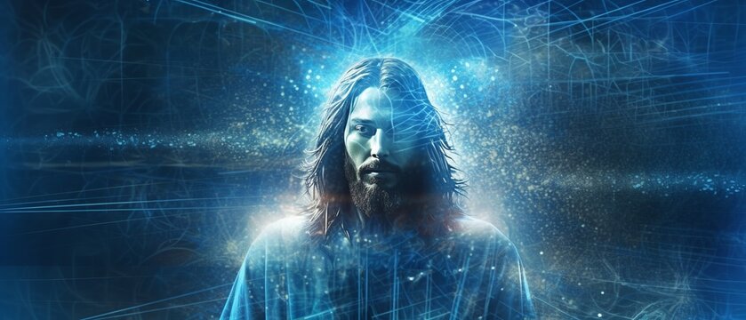 Abstract image of Jesus Christ, blue, futuristic background, Generative ai