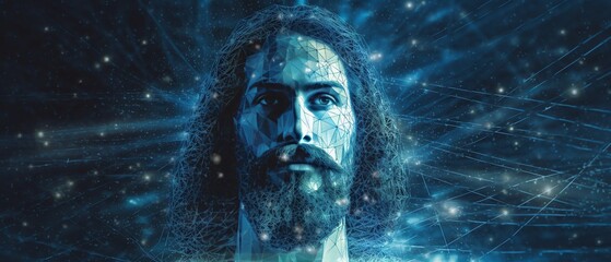 Wall Mural - Abstract image of Jesus Christ, blue, futuristic background, Generative ai