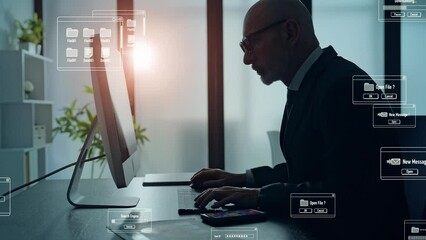 Poster - Middle aged businessman working in office and software development concept.