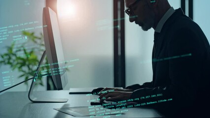 Poster - Middle aged businessman working in office and programming code concept.