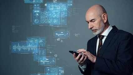 Poster - Middle aged man using a smart phone and digital technology concept.