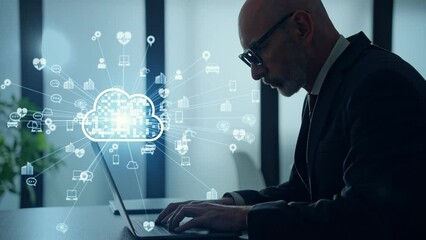 Poster - Middle aged man working in office and cloud computing concept.
