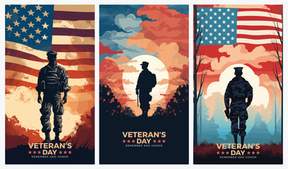 Veterans day illustrations background design with american flag and silhouette of soldier