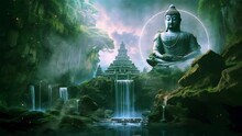 A Waterfall Flowing Vigorously Surrounded By Beautiful Trees With A Lush, Cloudy Sky. The Center Of The Picture Is One Big Budda, Generative AI