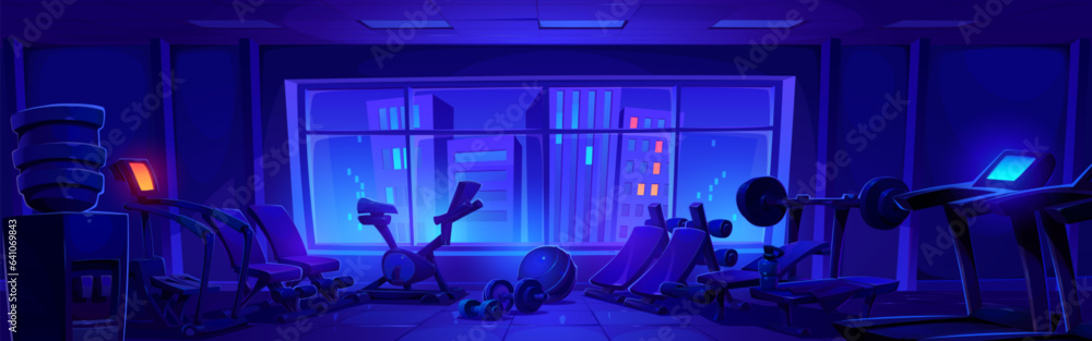 Night sport fitness gym interior vector background. Gymnasium equipment ...