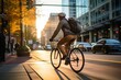 © Stavros - Cycling commuter - back view of a young american man riding a bicycle on a road in a city street. Blurry urban background.