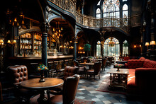 lobby bar in hotel, gothic style, ai generated