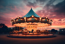 A Fairground Ride Shot At Night Toned With A Retro Vintage Instagram Filter Action Effect Against A Pink And Blue Cloudy Sky