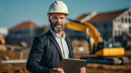 Fototapete - Civil engineer worker at a construction site, Engineer worker in suit and helmet at construction site, Renovation building concept.