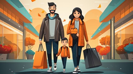 Cartoon illustration of a happy family shopping in a commercial mall