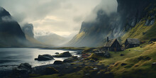 Misty Lakeside Cottage Landscape With Clouds, Panoramic Cinematic Photography