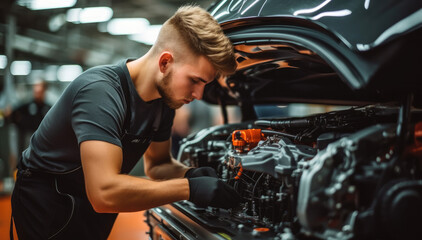 Aufkleber - Worker attaches components to an auto engine at factory production line.