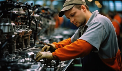 Poster - Worker working in auto factory production line.