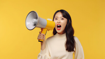 Cheerful of Asian young pretty woman holding megaphone making announcement in isolated yellow background. Generative Ai