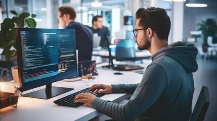 Poster - Software developer and a man at computer for coding script or cyber security in office.
