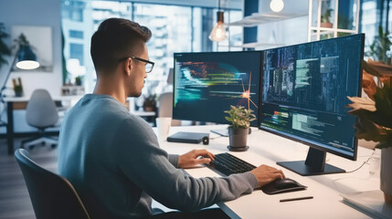 Software developer and a man at computer for coding script or cyber security in office.