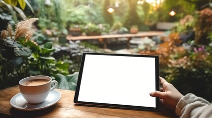 Poster - Woman looking digital tablet with blank white desktop screen in the garden, Graphic designer at work.