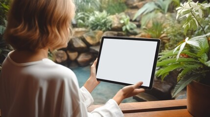 Poster - Woman looking digital tablet with blank white desktop screen in the garden, Graphic designer at work.