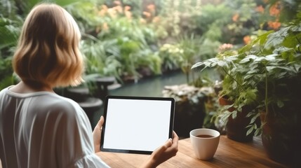 Poster - Woman looking digital tablet with blank white desktop screen in the garden, Graphic designer at work.