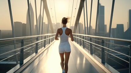 Wall Mural - Rear view, Women in sports runs along a large city bridge.