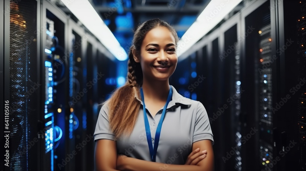 Portrait of woman in server room, IT support, Female technician fixing ...