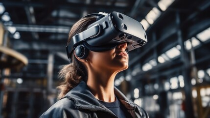 Aufkleber - Woman engineer using VR headset in industrial factory for futuristic research, Digital tech and 3d automation machine.