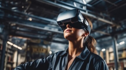 Aufkleber - Woman engineer using VR headset in industrial factory for futuristic research, Digital tech and 3d automation machine.