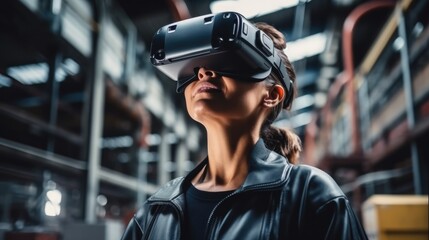 Aufkleber - Woman engineer using VR headset in industrial factory for futuristic research, Digital tech and 3d automation machine.