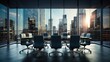 © amnaj - Office meeting room interior glass segmented with large window. A large conference room on a high-rise building, glass windows surround the view surrounded by the city buildings of the setting sun.